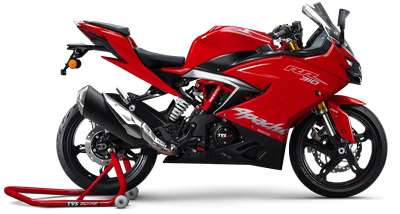 TVS Apache RR 310 Sports Bikes Petrol SI, 4 stroke, 4 valve, Single cylinder, Liquid cooled, Reverse inclined 34 PS @ 9700 rpm Titanium Black, Racing Red