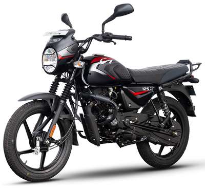 Bajaj CT 125X Drum Commuter Bikes Petrol 4 stroke, Air cooled Single cylinder, SOHC, DTSi 10.9 PS @ 8000 rpm Ebony Black with Red decals, Ebony Black with Green decals, Ebony Black with Blue decals