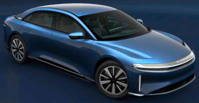Lucid Air Pure RWD Electric Sedan Electric 8 Airbags: Front passenger airbag, Side airbags (seat mounted), Curtain airbags, Driver’s airbag Fully automatic Four Zone climate control (HVAC - Heating, Ventilation, Air Conditioner) WiFi, Android Auto, Apple CarPlay Stellar White Infinite Black Cosmos Silver Quantum Grey Zenith Red Fathom Blue
